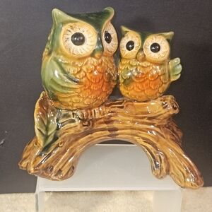 Vintage 1970s Ceramic Mother and Baby Owl Figurine on Branch – Retro Boho Hippy